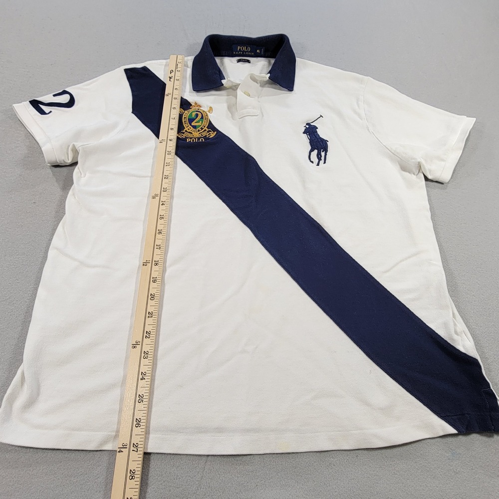 Polo Ralph Lauren Polo Shirt Big Pony Crest Sash Slim Fit White Navy Men's XL - Picture 5 of 11